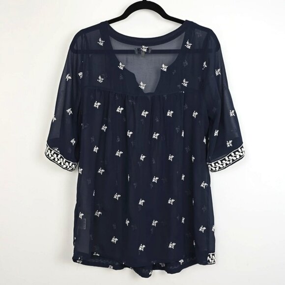 Papaya Weekend Women's Navy Semi Sheer Embroider 3/4 Length Sleeves Blouse Sz 16 - Picture 2 of 12